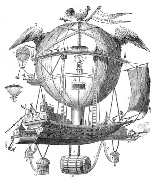 Le Minerva, a fantastic (as in fantasy) concept for an aerial exploration balloon conceived of by Professor Robertson of England.
